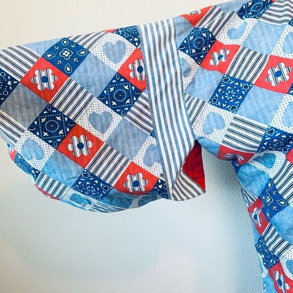 Vintage 1970s Red Blue White Patchwork Cardigan Duster Kimono Medium - Picture 2 of 6